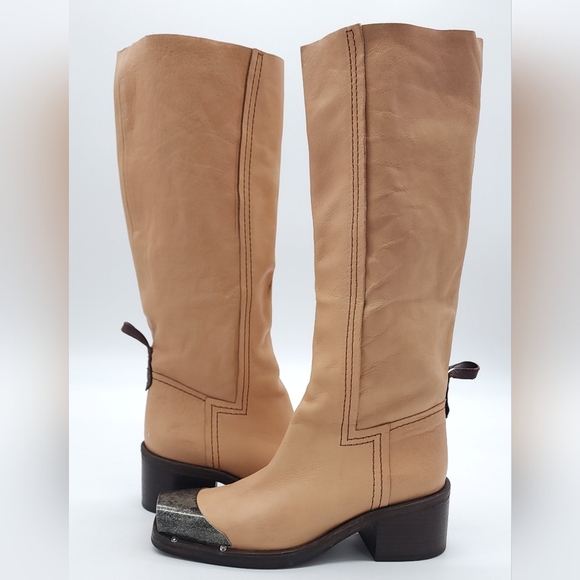 Free People We The Free Beau Tall Rider Boot Leather Natural Tan Cap Toe 8.5 - Picture 1 of 16